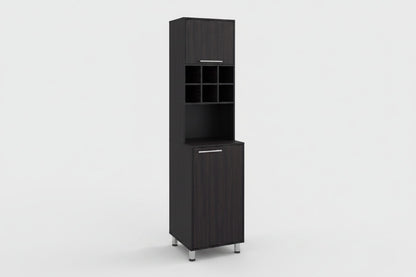 Tall black kitchen cabinet with open shelves and a closed door on a white background Wenge