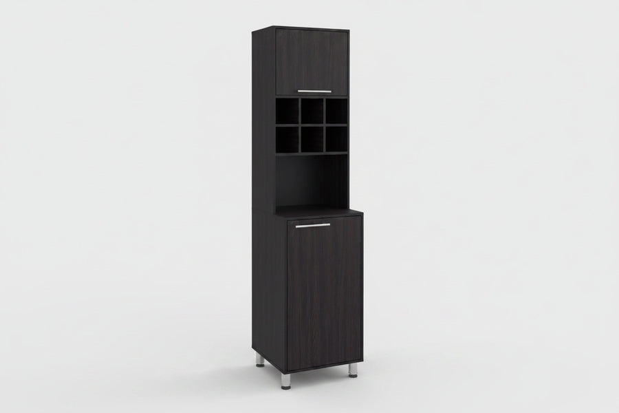 Tall black kitchen cabinet with open shelves and a closed door on a white background Wenge