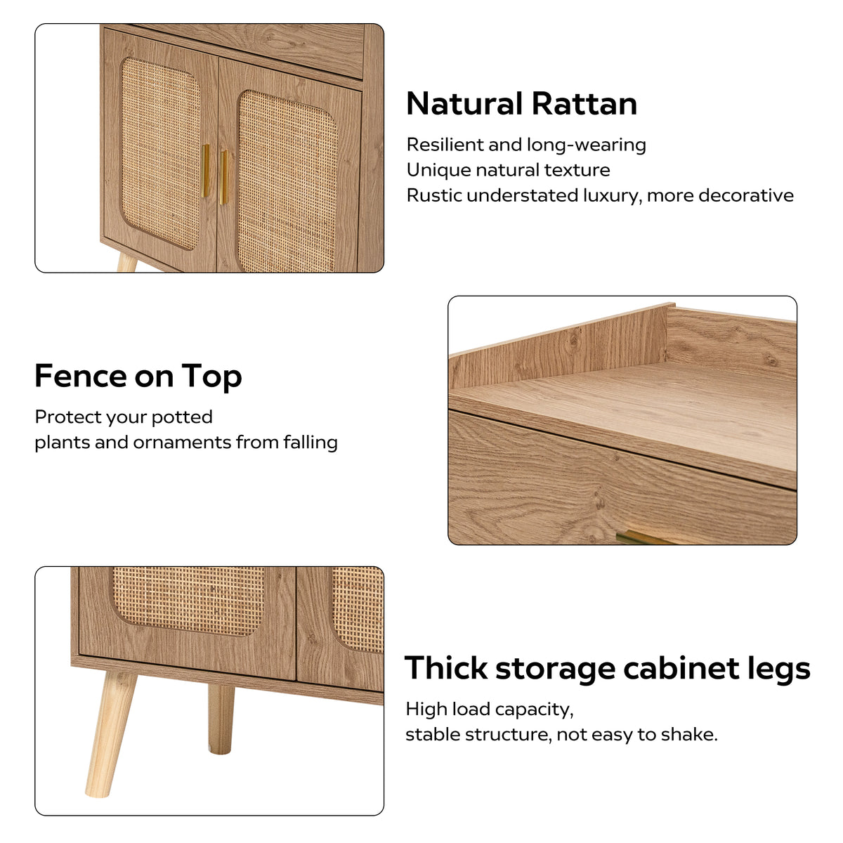 A product feature infographic for a mid-century modern wooden cabinet. The graphic shows three detailed close-up views of the cabinet (showing the natural rattan doors, the top edge, and the legs) with corresponding text callouts highlighting the 'Natural Rattan' texture, 'Fence on Top' safety edge, and 'Thick storage cabinet legs' stability.