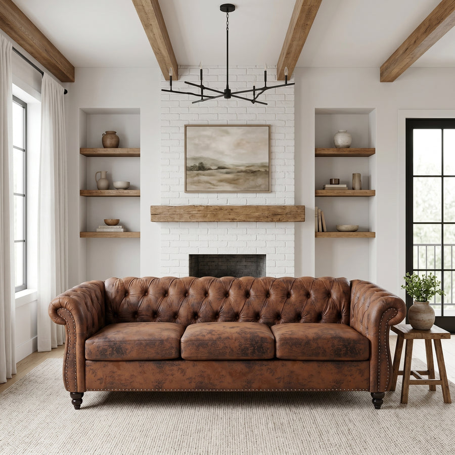 Brown PU Leather 3 Seater round arm sofa