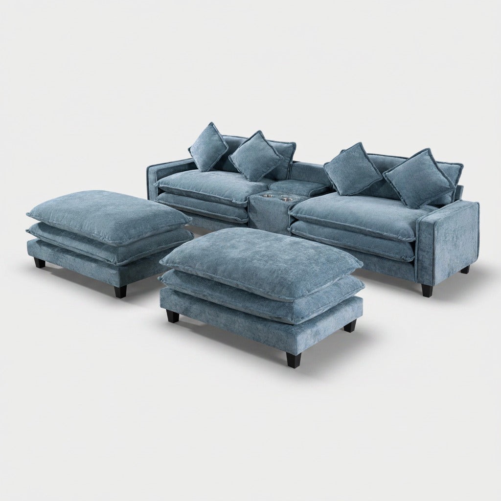 Light Blue Sectional Sofa with Ottoman