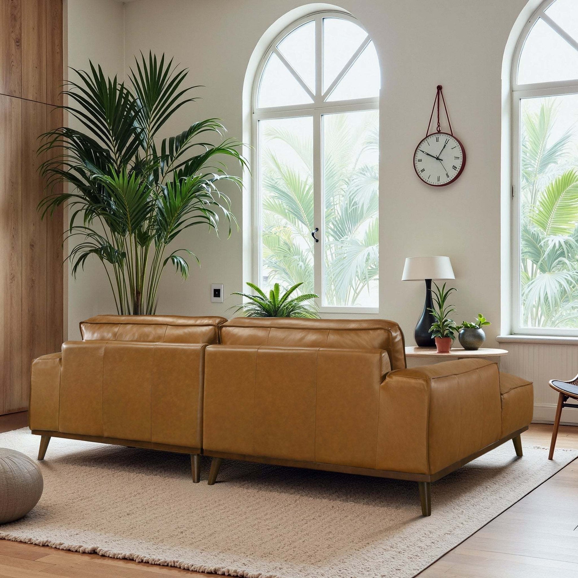 Left Facing Sectional Sofa with Mid-Century Modern Design, Genuine Leather Upholstery, Walnut-Finished Wood Legs, 98-Inch L-Shaped Layout