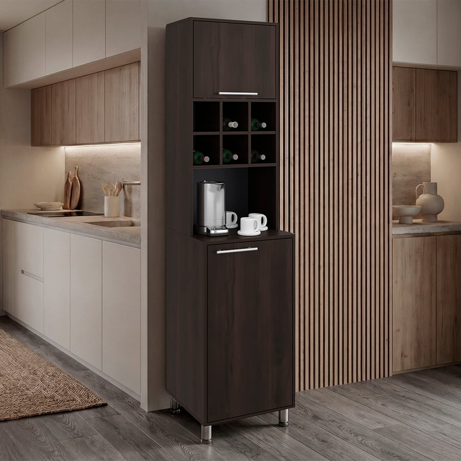Tall dark wood cabinet in a modern kitchen setting with a slatted wall and countertop. Walnut