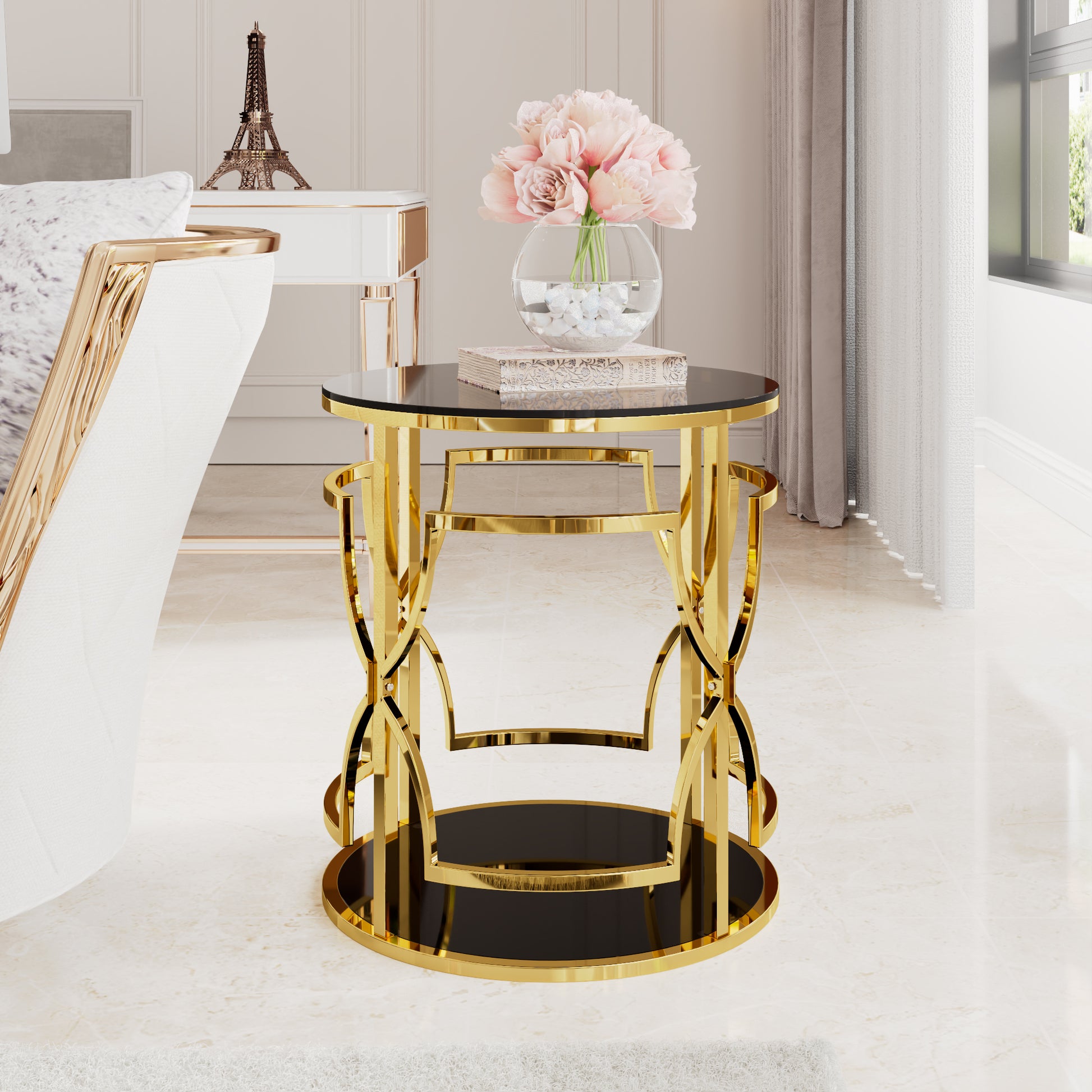 Black tampered glass golden metal leg round side table
