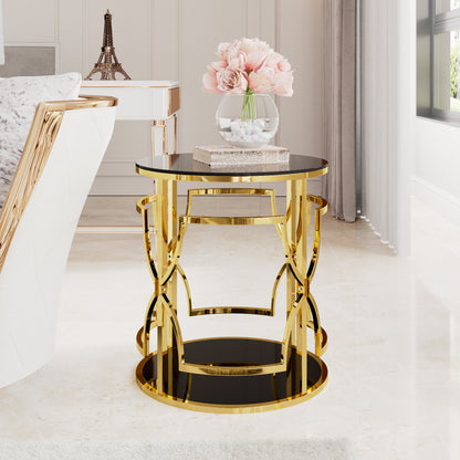 Black tampered glass golden metal leg round side table