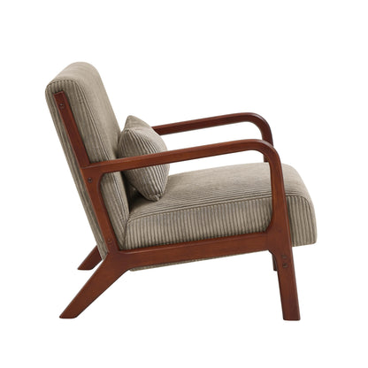 Camel Corduroy Upholstered Wooden Armchair with Back Support Pillow