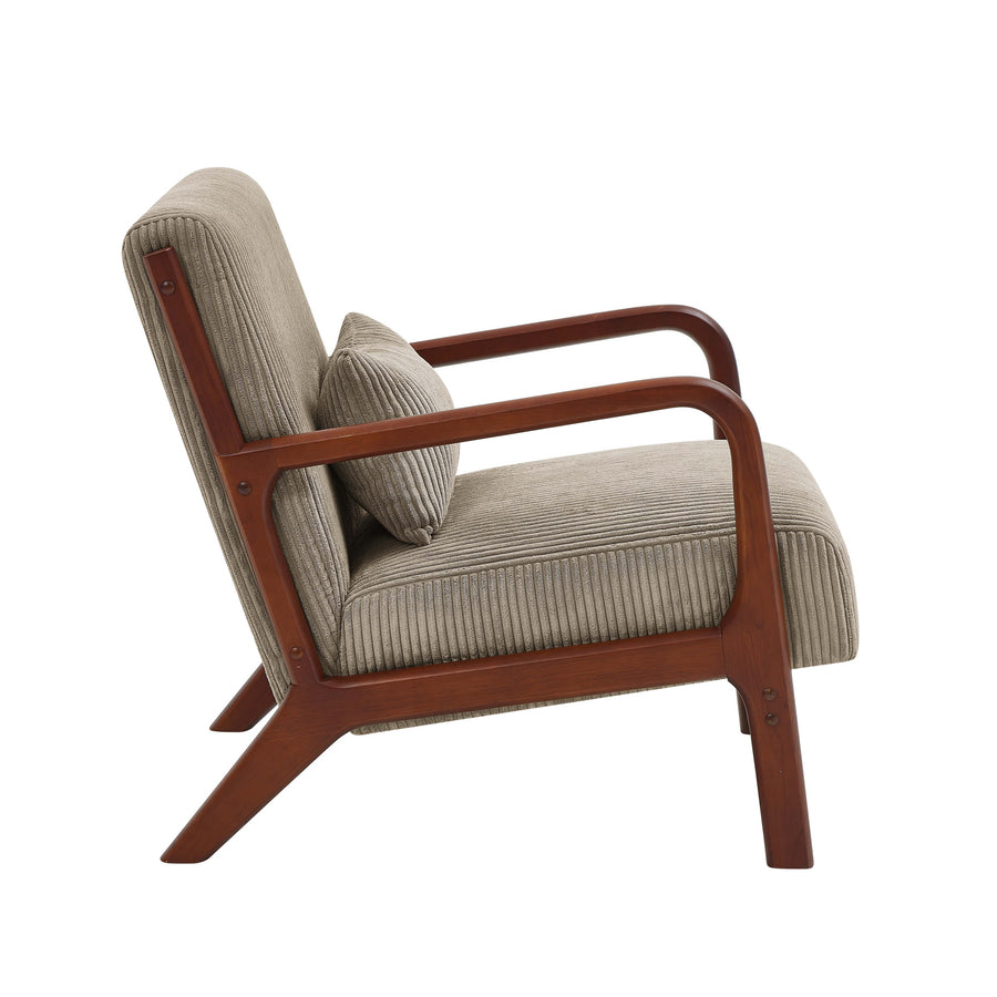 Camel Corduroy Upholstered Wooden Armchair with Back Support Pillow