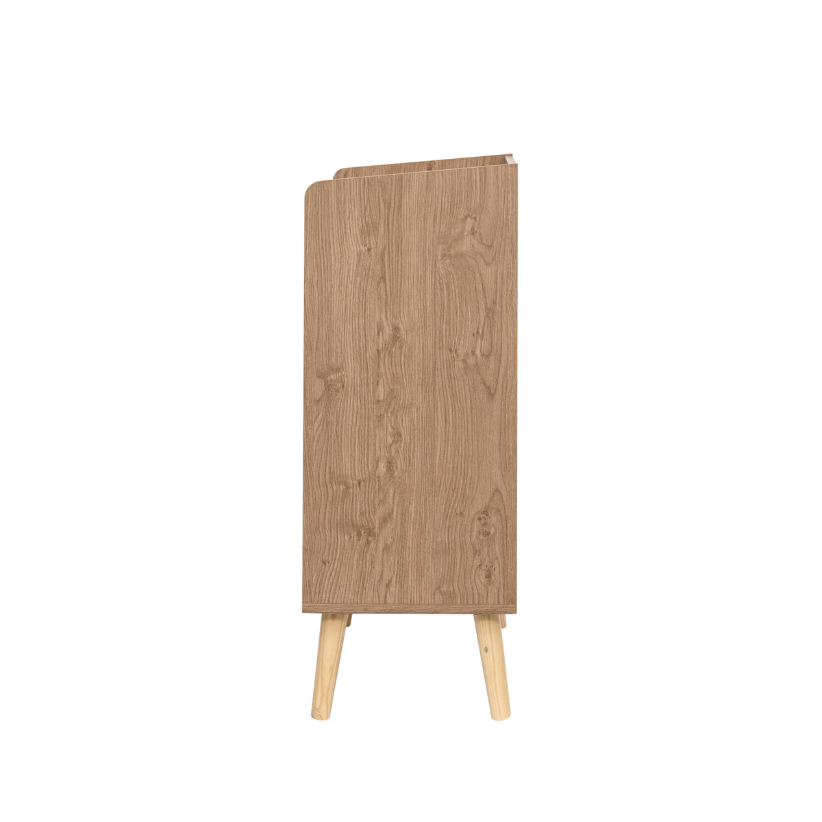 A tall, narrow natural  wooden cabinet or display stand with a natural oak wood grain finish and four tapered wooden legs, shown against a plain background.