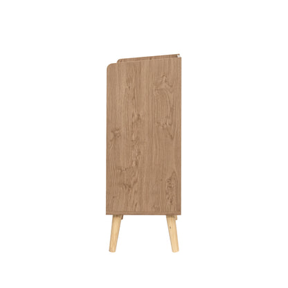 A tall, narrow natural  wooden cabinet or display stand with a natural oak wood grain finish and four tapered wooden legs, shown against a plain background.