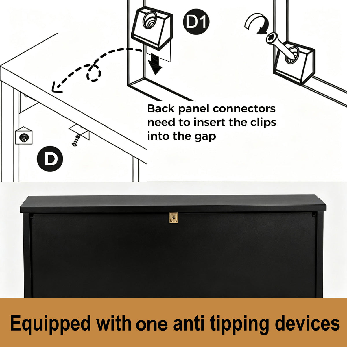 Instructional diagram showing anti tipping device clips being inserted into a wall mount above a black storage cabinet, with text stating 'Back panel connectors need to insert the clips into the gap' and 'Equipped with one anti tipping devices'. black