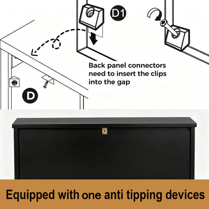 Instructional diagram showing anti tipping device clips being inserted into a wall mount above a black storage cabinet, with text stating 'Back panel connectors need to insert the clips into the gap' and 'Equipped with one anti tipping devices'. black