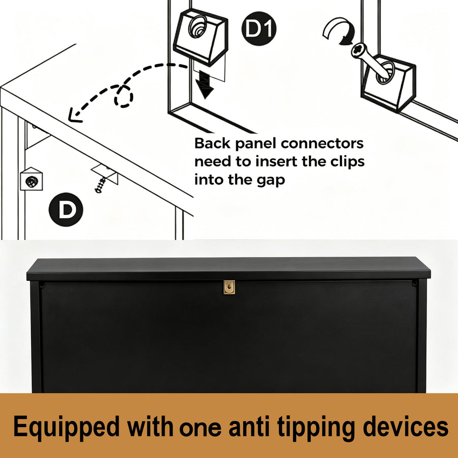 Instructional diagram showing anti tipping device clips being inserted into a wall mount above a black storage cabinet, with text stating 'Back panel connectors need to insert the clips into the gap' and 'Equipped with one anti tipping devices'. black