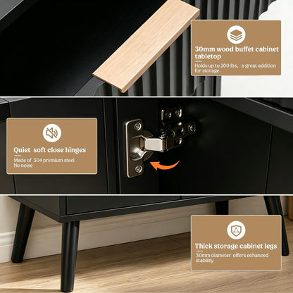 Black wooden storage cabinet with text callouts highlighting features: 30mm wood buffet cabinet tabletop, quiet soft close hinges, and thick storage cabinet legs.