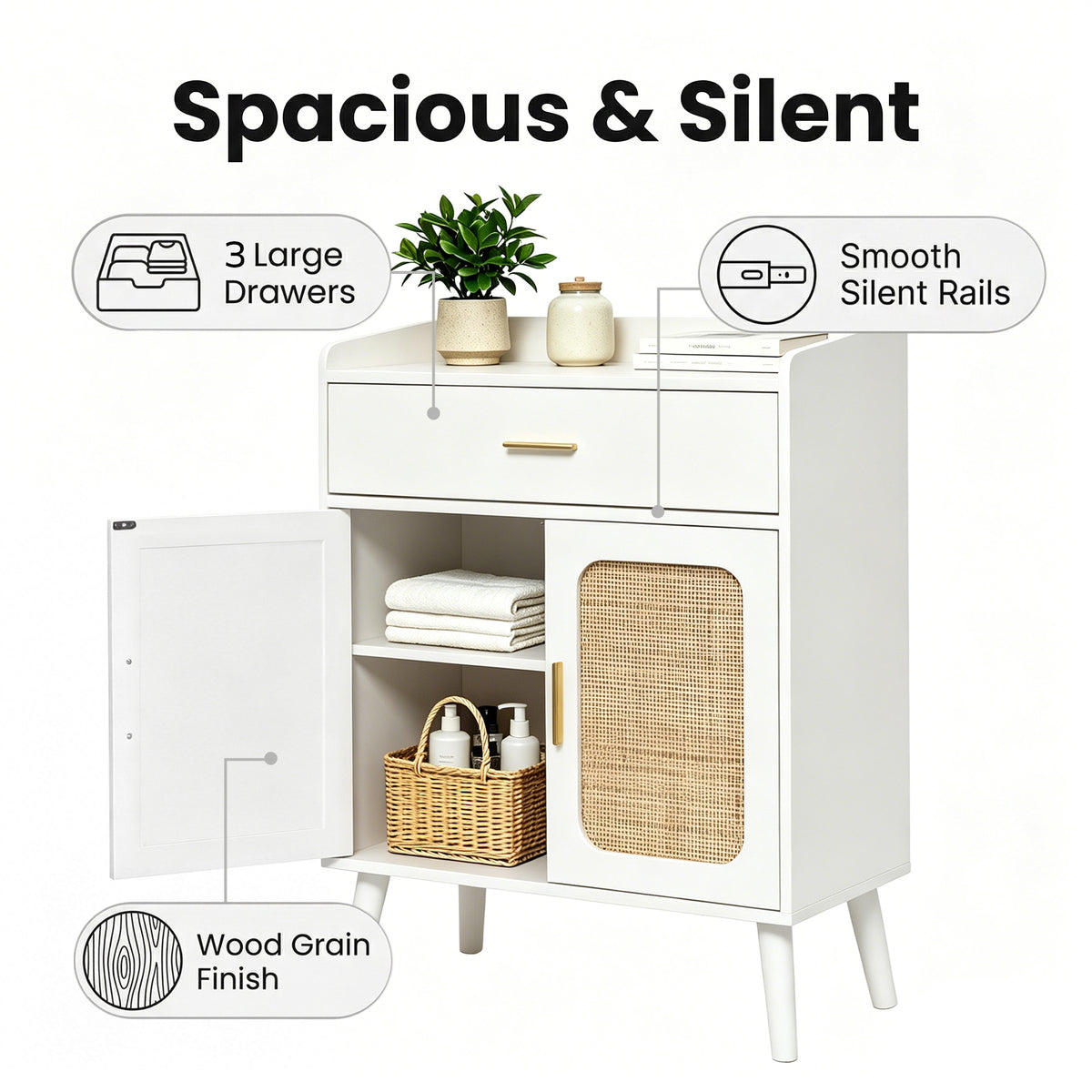 White bathroom or vanity cabinet with three drawers, one open door, and a woven rattan-style door panel, shown on a white background with callout text and icons for spacious storage, silent rails, and wood grain finish.