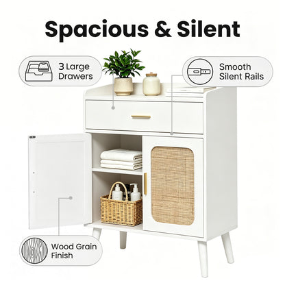 White bathroom or vanity cabinet with three drawers, one open door, and a woven rattan-style door panel, shown on a white background with callout text and icons for spacious storage, silent rails, and wood grain finish.