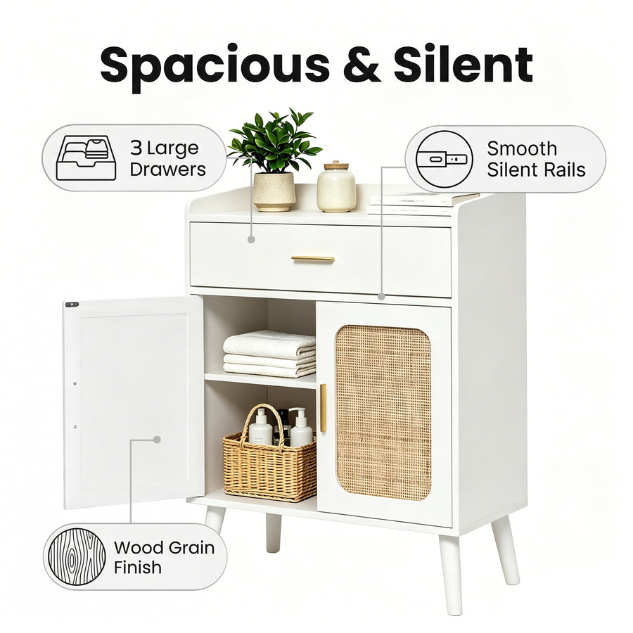 White bathroom or vanity cabinet with three drawers, one open door, and a woven rattan-style door panel, shown on a white background with callout text and icons for spacious storage, silent rails, and wood grain finish.