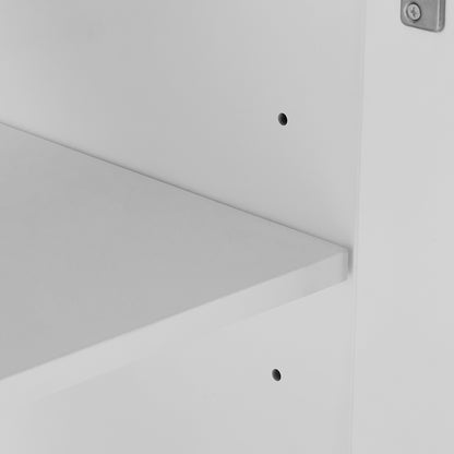 Close-up detail of a white shelf unit showing the back panel, shelf edge, mounting holes, and part of a silver metal bracket.