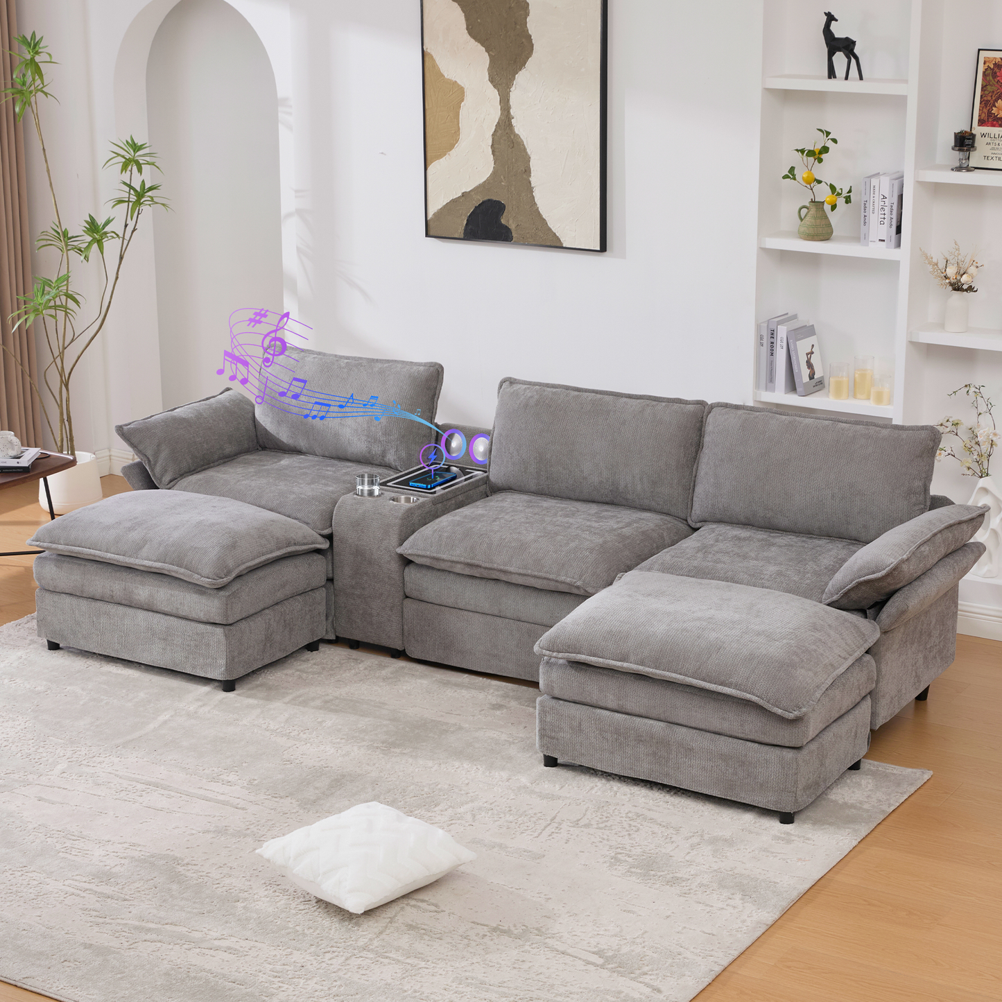 U Shaped Modular Sectional Sofa,Storage Console & Wireless Charging,2 Cup Holders,Bluetooth Speakers,2 Movable Footstools,Adjustable handrail,Movable seat,Chenille