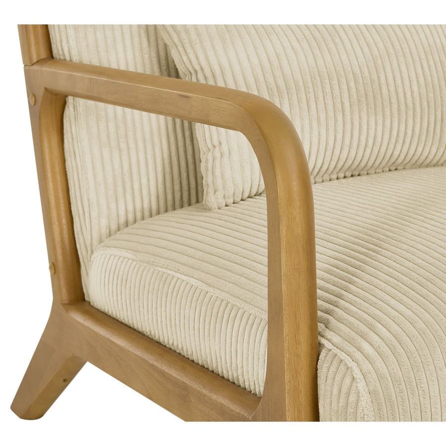 Beige Corduroy Upholstered Wooden Armchair with Back Support Pillow