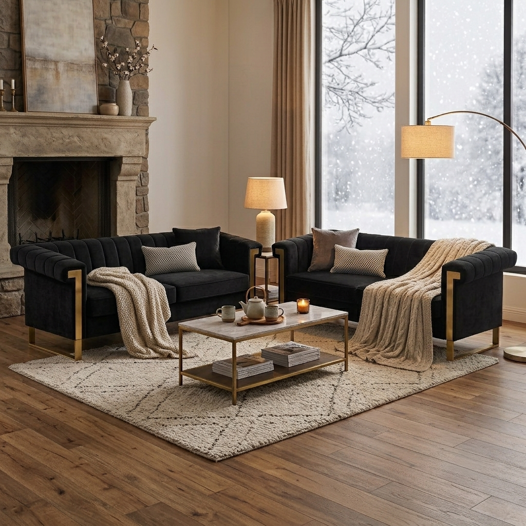Terra Black Velvet 2 Piece Sofa Set Black