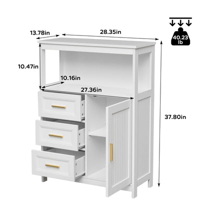 White three-drawer cabinet with one open door and dimension callouts on a white background, plus a weight icon showing 40.23 lb.
