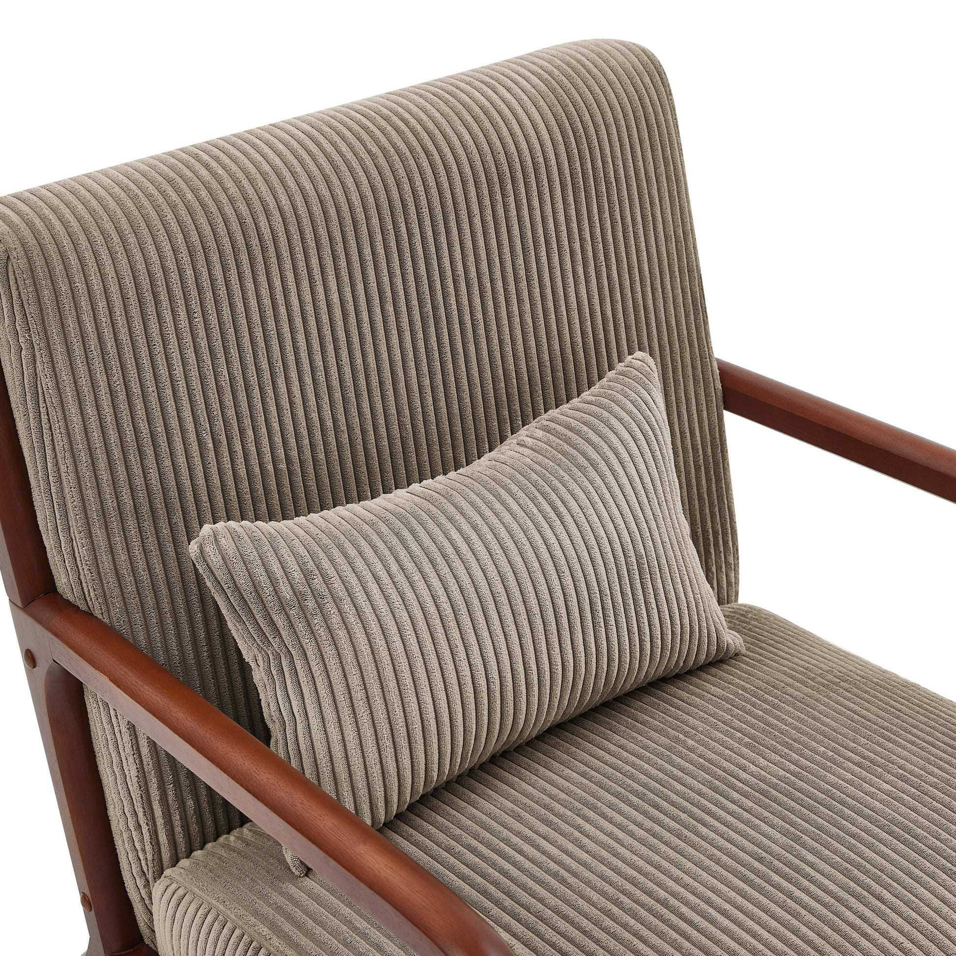 Camel Corduroy Upholstered Wooden Armchair with Back Support Pillow