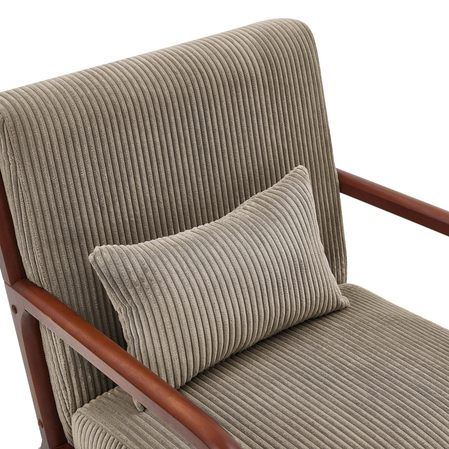 Camel Corduroy Upholstered Wooden Armchair with Back Support Pillow