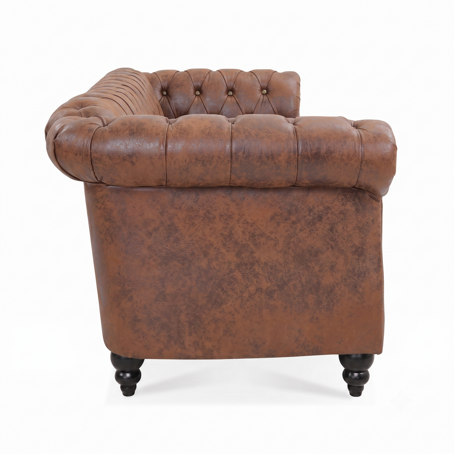 Brown PU Leather 3 Seater round arm sofa