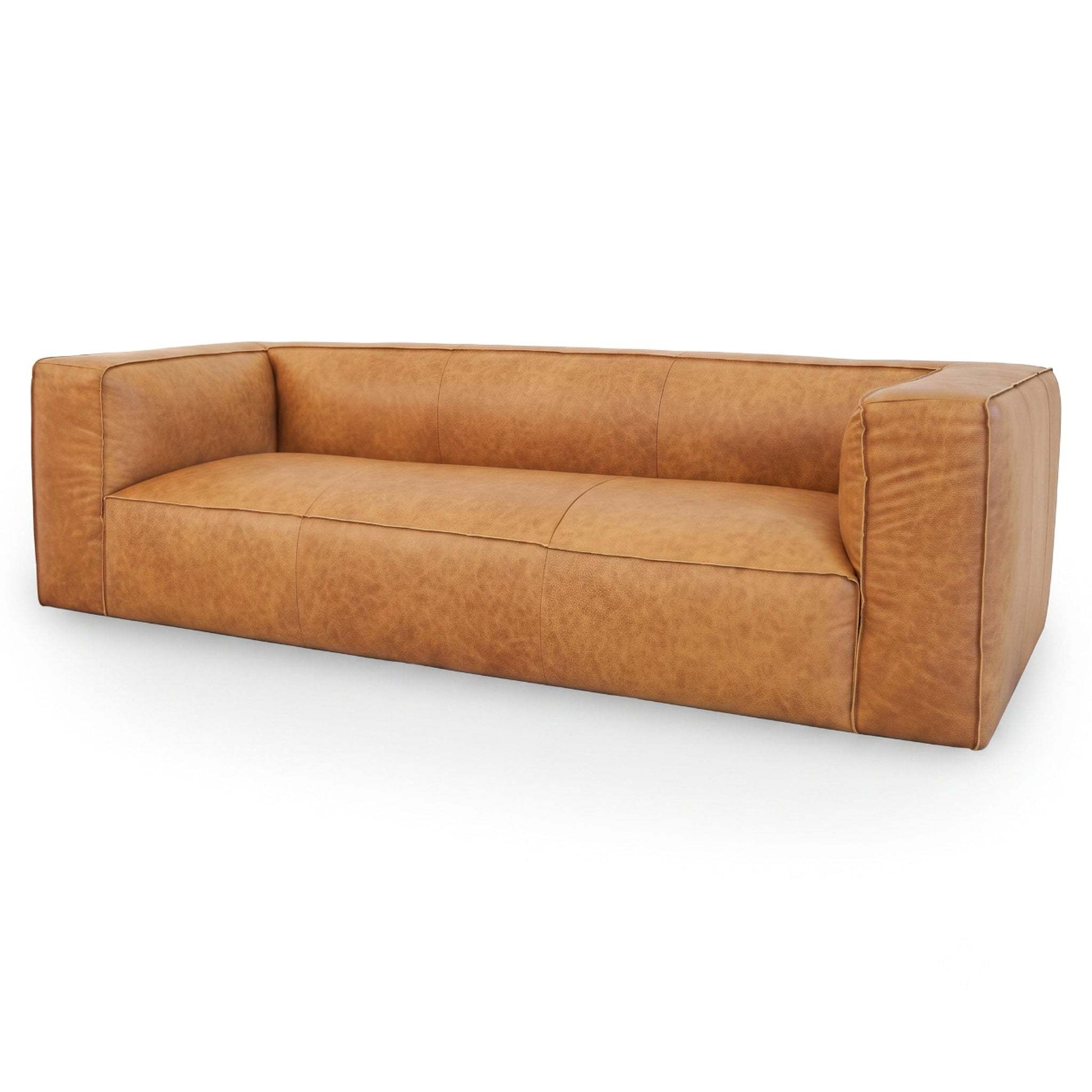 A modern low-profile leather sofa in a warm tan/caramel color, shown from a three-quarters angle against a plain white background.