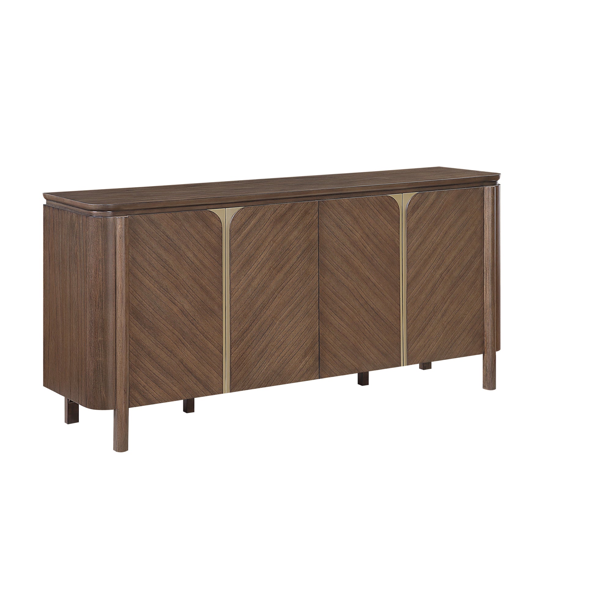 A mid-century modern sideboard cabinet with a dark brown wood finish, featuring chevron-patterned doors with gold-toned vertical accents and tapered legs, shown on a plain white background.