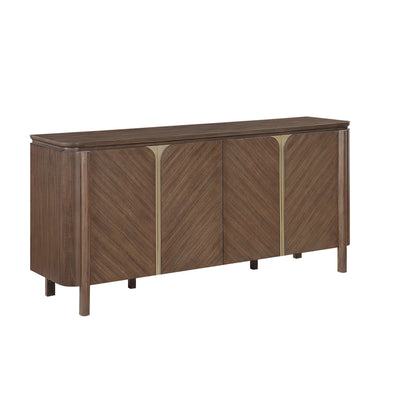 A mid-century modern sideboard cabinet with a dark brown wood finish, featuring chevron-patterned doors with gold-toned vertical accents and tapered legs, shown on a plain white background.