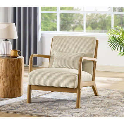 Beige Corduroy Upholstered Wooden Armchair with Back Support Pillow