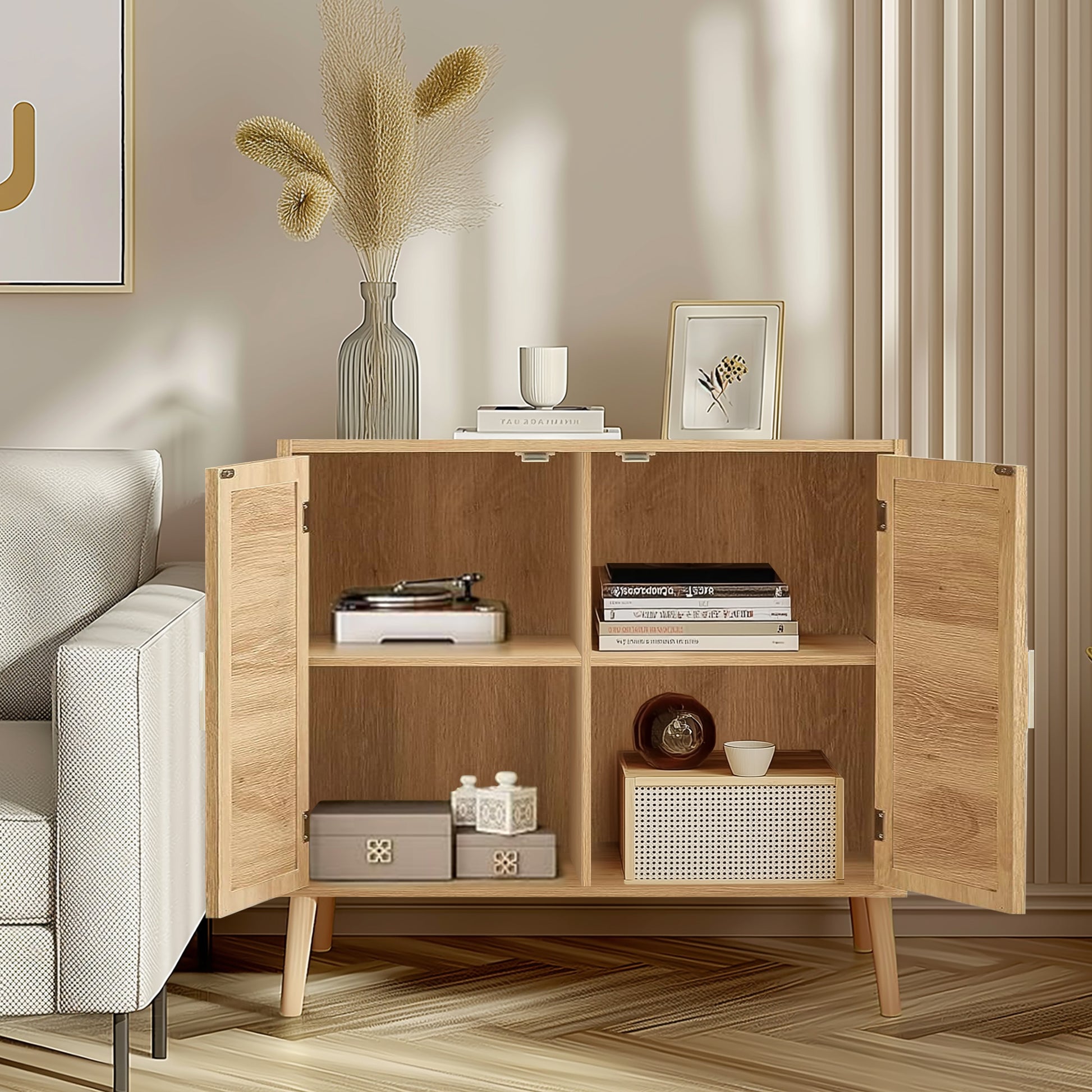 Natural Wooden cabinet with open doors displaying decor items in a living room setting.