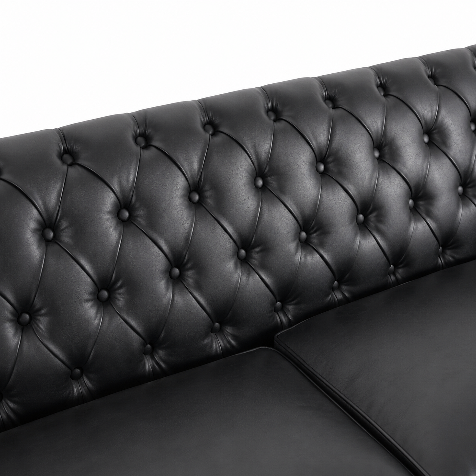 Close-up of a black tufted leather sofa back and seat cushion, showing the buttoned diamond pattern against a plain white background. black  3 Seater solo loveseat