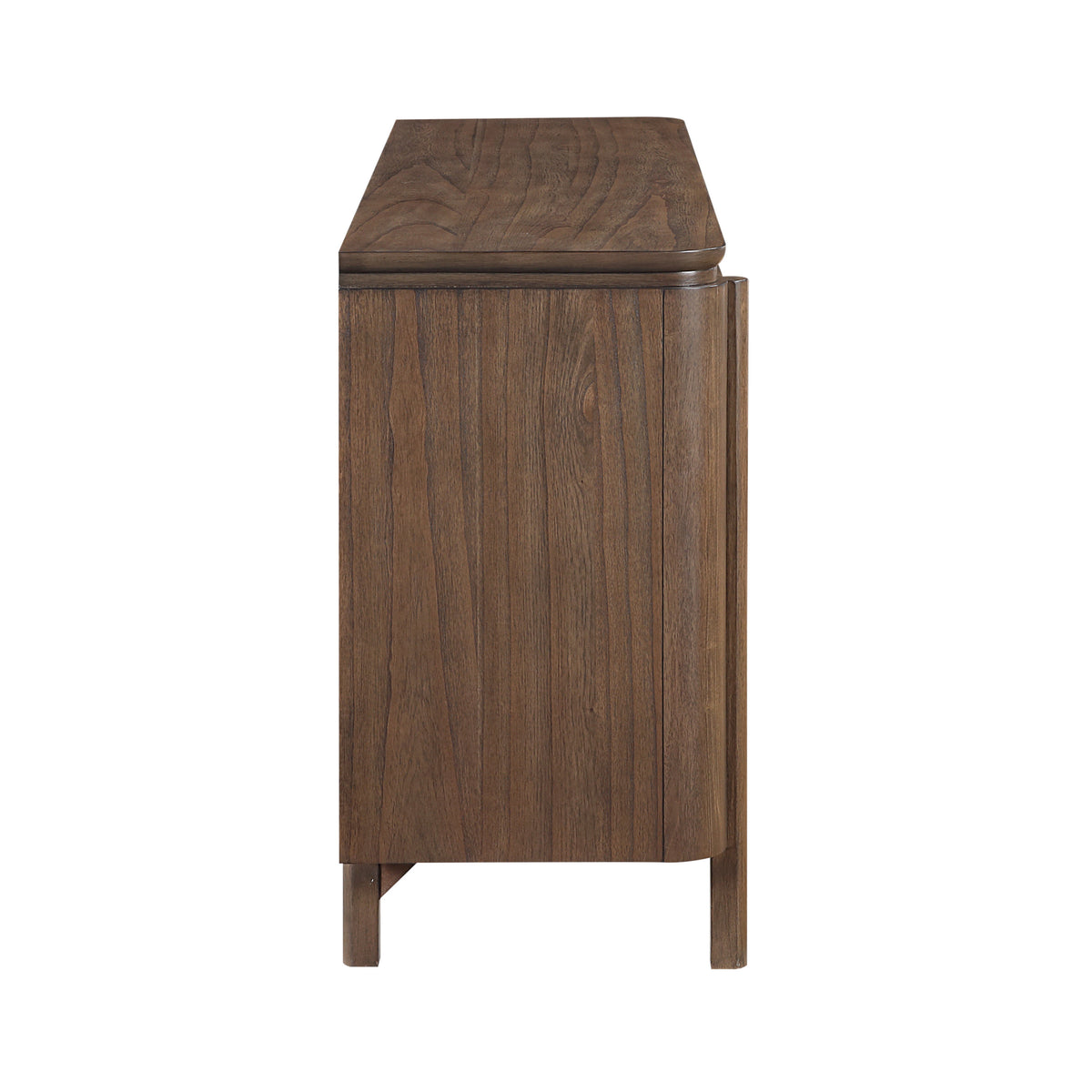 A mid-century modern sideboard cabinet in dark brown wood, featuring a rectangular top, vertical grain paneling, and tapered legs, shown from a front-three-quarter angle on a white background.