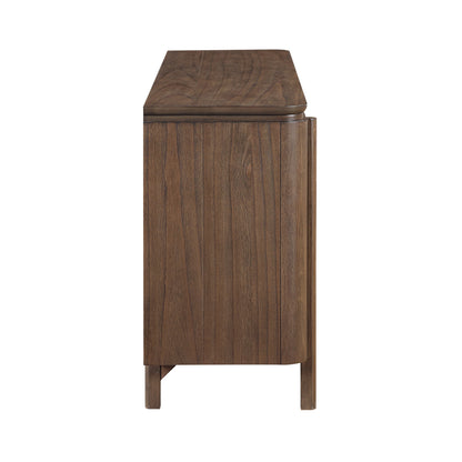 A mid-century modern sideboard cabinet in dark brown wood, featuring a rectangular top, vertical grain paneling, and tapered legs, shown from a front-three-quarter angle on a white background.
