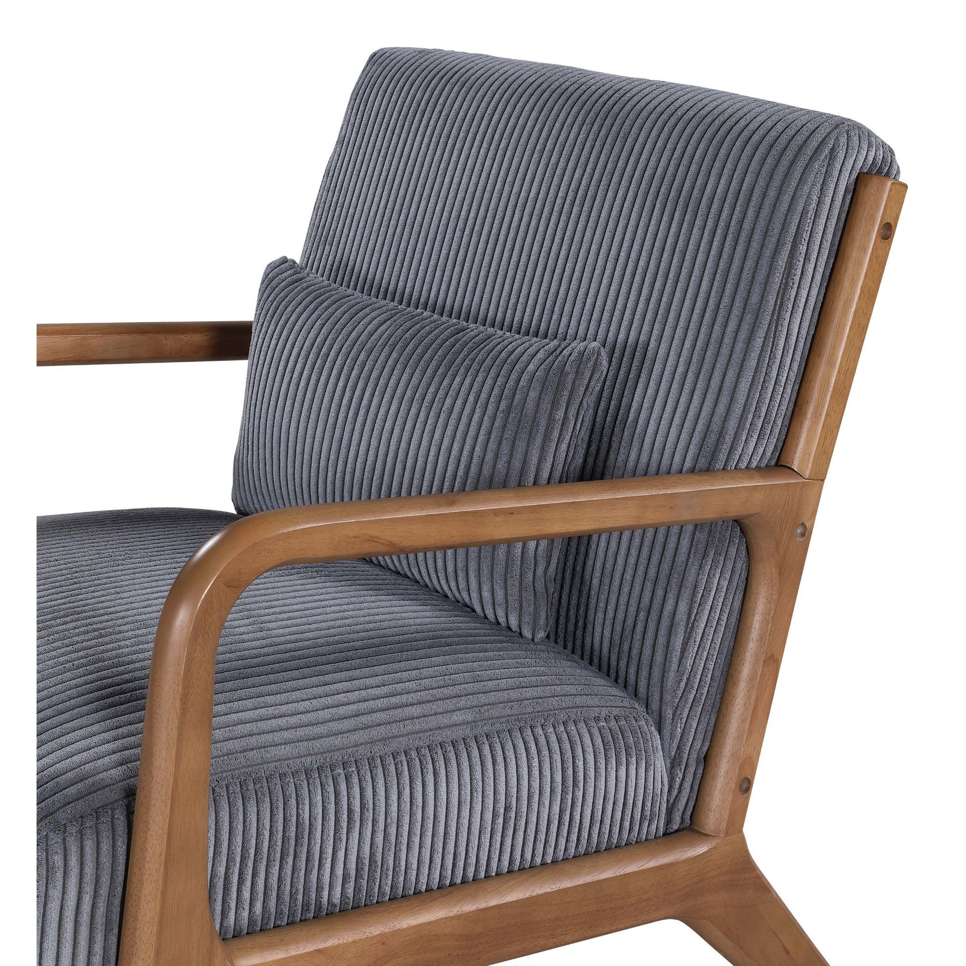 Dark Gray Corduroy Upholstered Wooden Armchair with Back Support Pillow