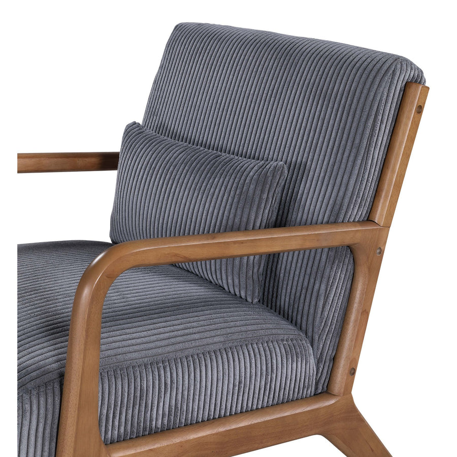 Dark Gray Corduroy Upholstered Wooden Armchair with Back Support Pillow