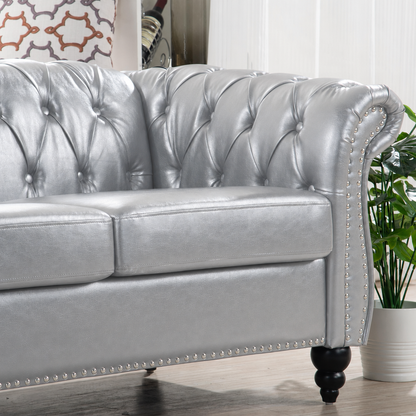 Silver PU Leather 3 Seater round arm sofa