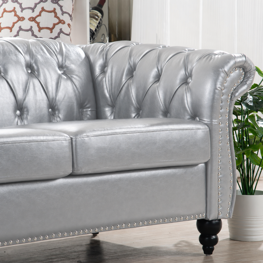 Silver PU Leather 3 Seater round arm sofa