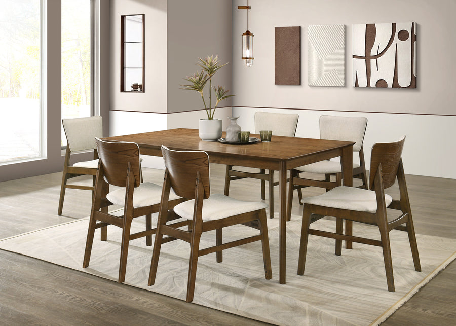 6 Seater (7pcs) A 7-piece mid-century modern dining room set featuring a rectangular wooden table and six matching chairs with cream upholstered seats, shown in a bright, contemporary dining room setting.