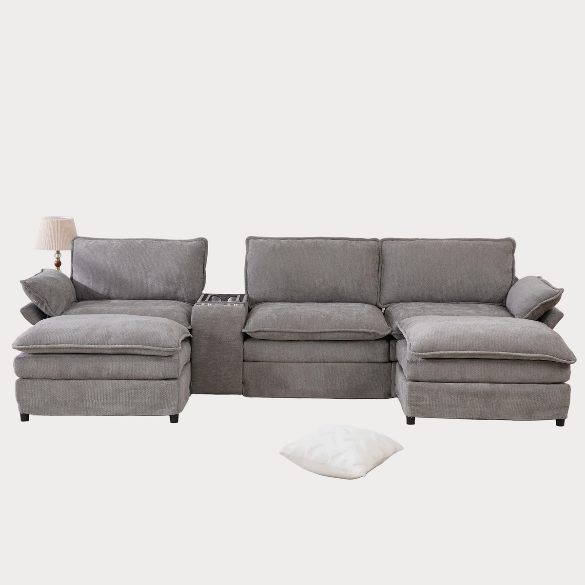 U Shaped Modular Sectional Sofa,Storage Console & Wireless Charging,2 Cup Holders,Bluetooth Speakers,2 Movable Footstools,Adjustable handrail,Movable seat,Chenille