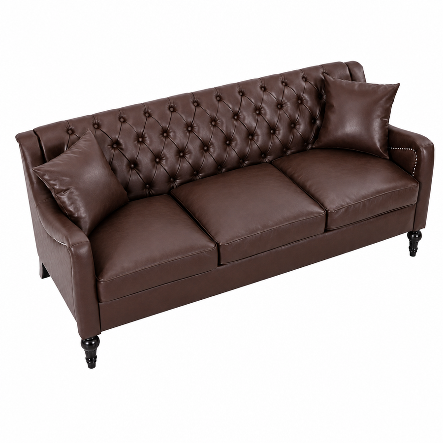 Dark Brown 3 Seater leather sofa with a tufted button design on the backrest, two matching throw pillows, and dark turned legs, shown on a plain white background.