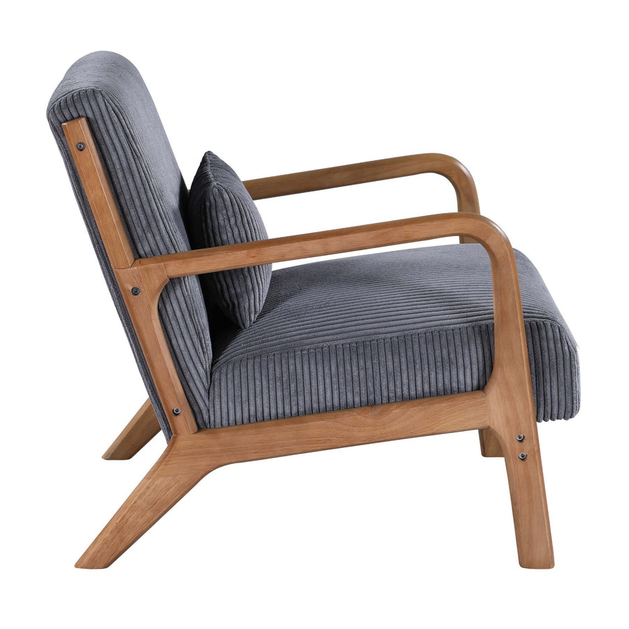 Dark Gray Corduroy Upholstered Wooden Armchair with Back Support Pillow