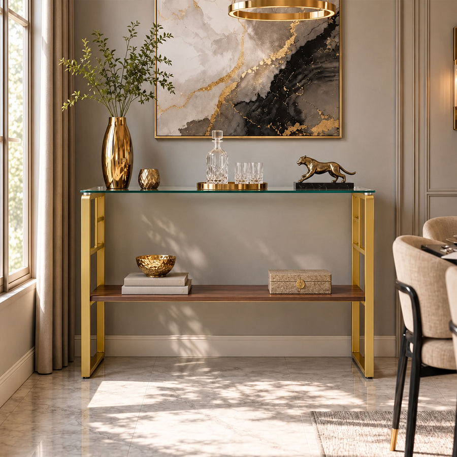 side table with metal frame and glass top