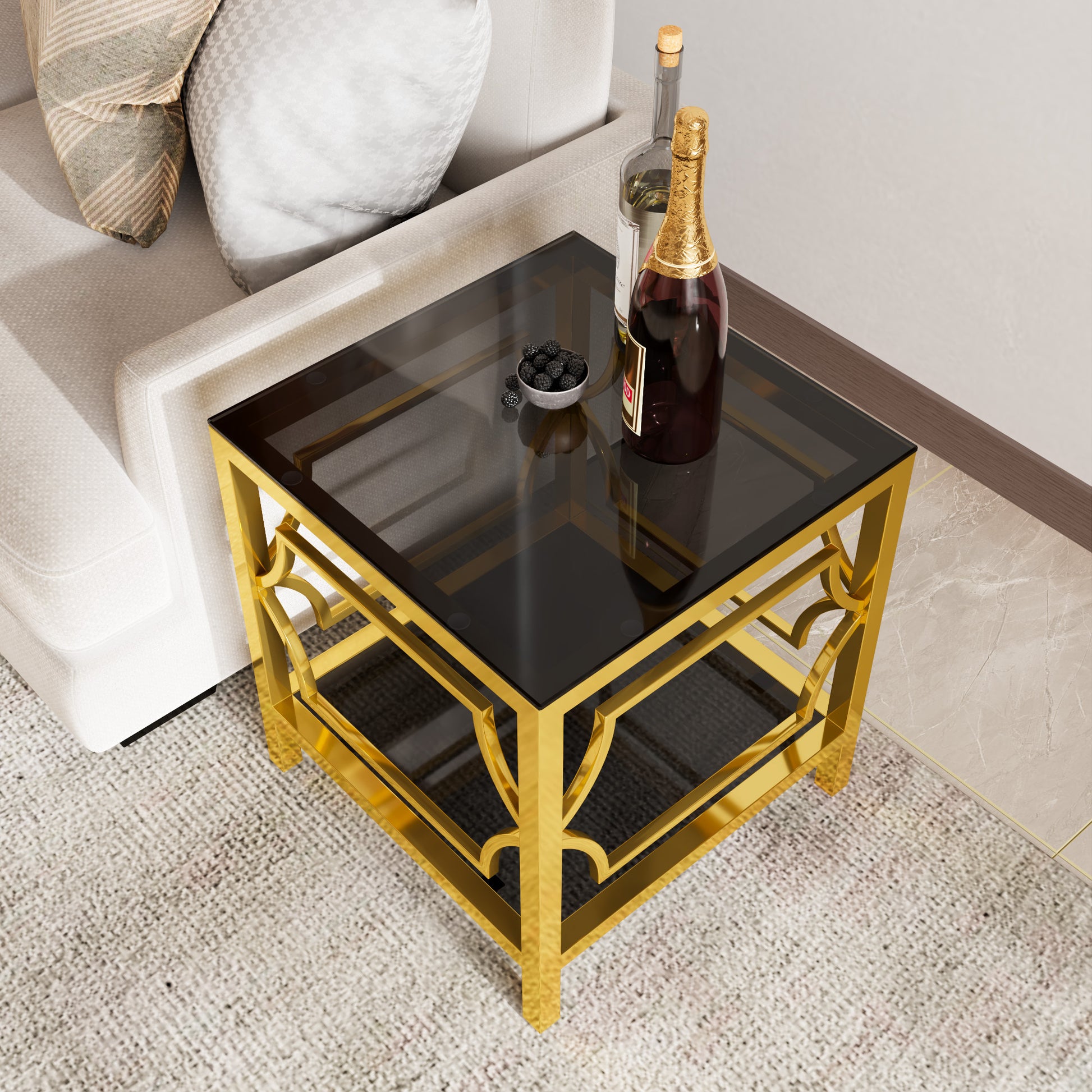 Black tampered glass golden metal leg square side table