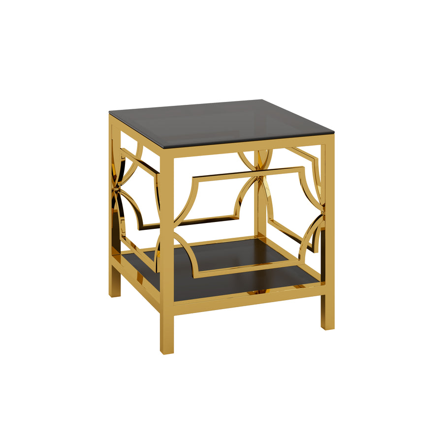Black tampered glass golden metal leg square side table