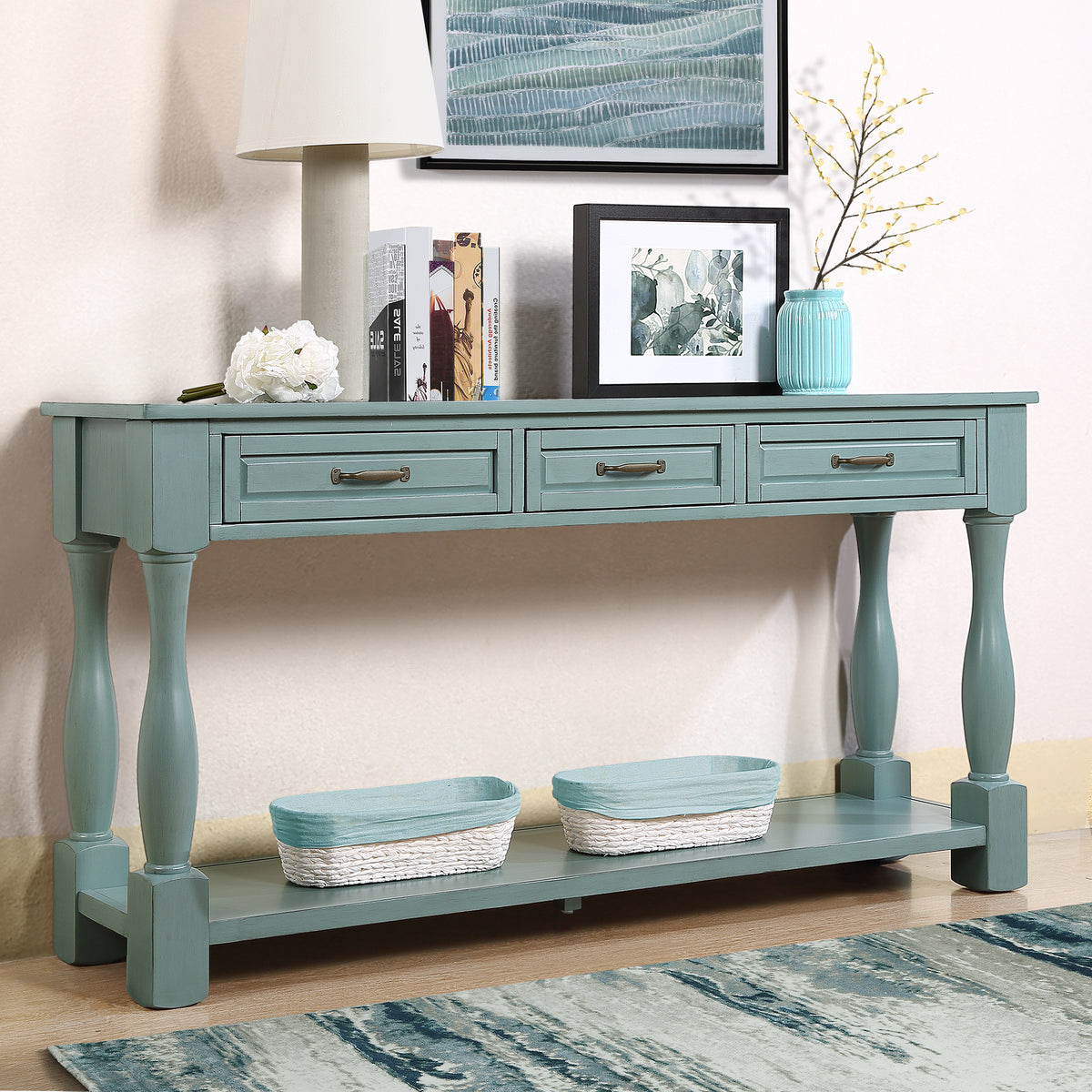 60inch Long Wood Console Table with 3 Drawers and 1 Bottom Shelf for Entryway Hallway Easy Assembly Extra-thick Sofa Table ( Retro Blue)