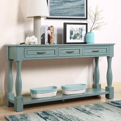 60inch Long Wood Console Table with 3 Drawers and 1 Bottom Shelf for Entryway Hallway Easy Assembly Extra-thick Sofa Table ( Retro Blue)