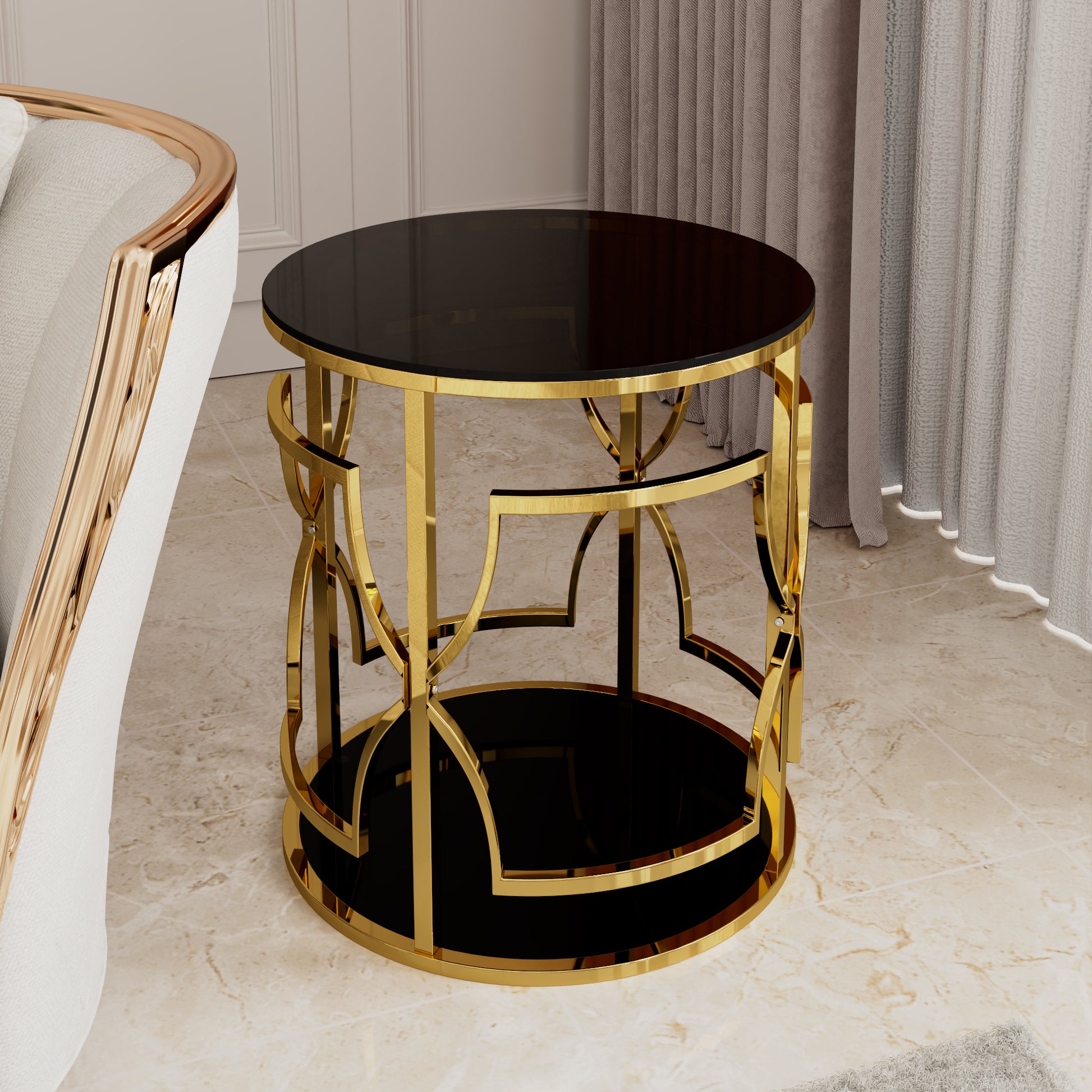 Black tampered glass golden metal leg round side table